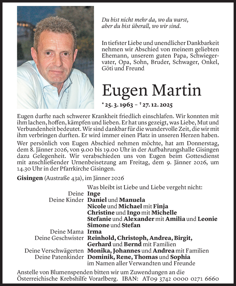 Todesanzeige für Eugen Martin vom 05.01.2026 aus VN