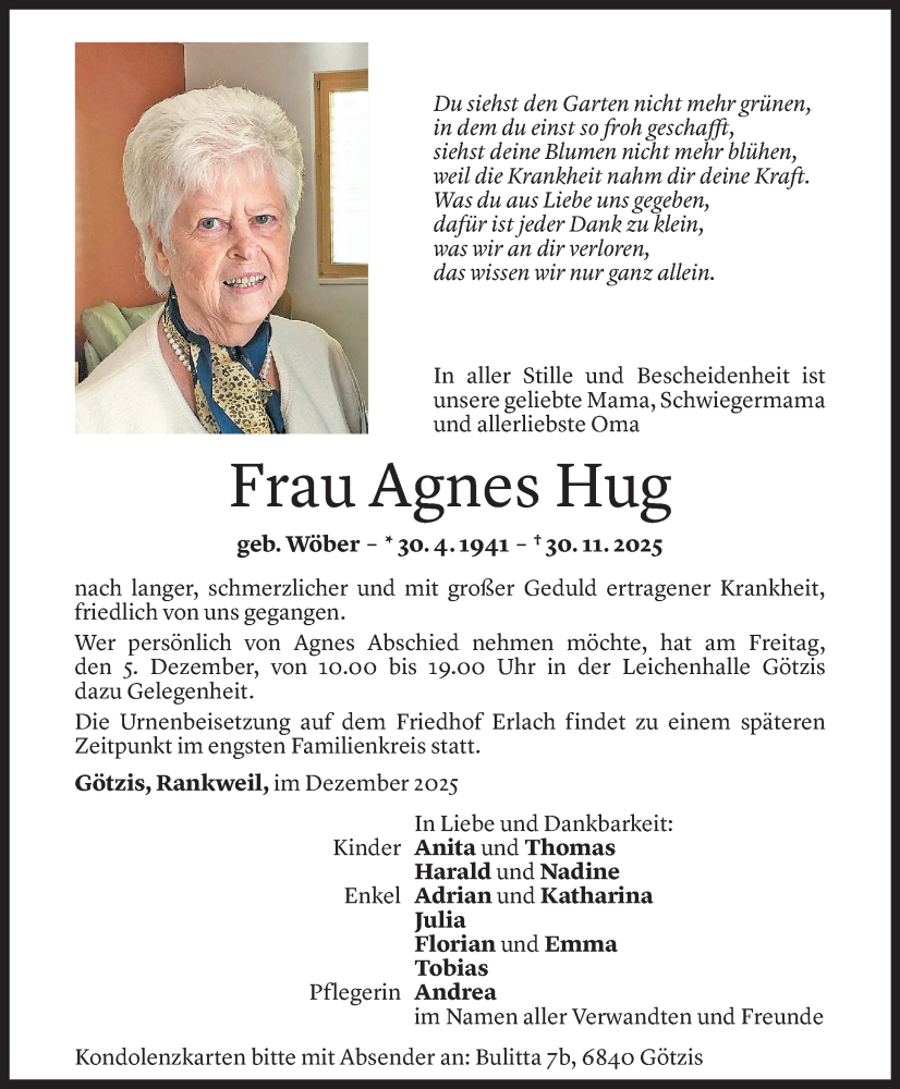  Todesanzeige für Agnes Hug vom 02.12.2025 aus VN