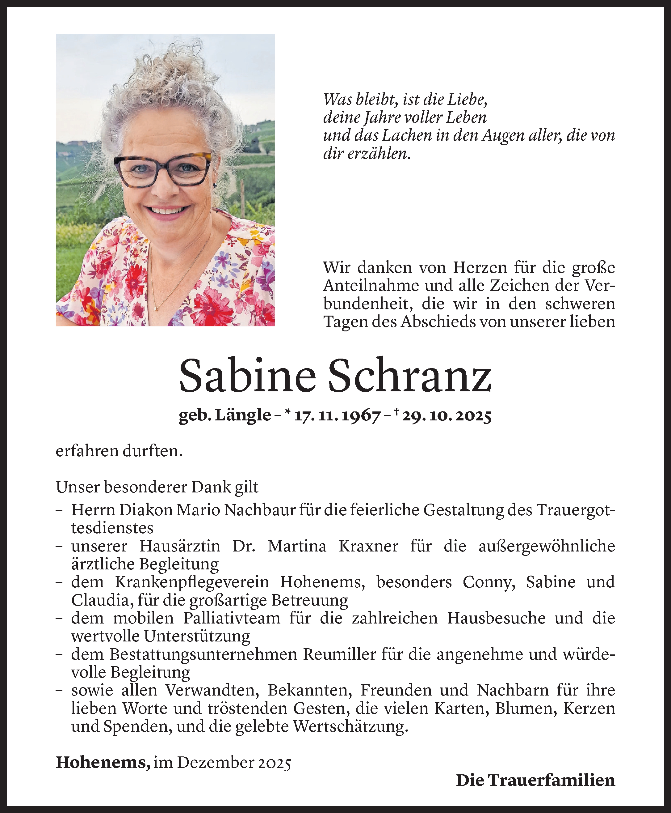  Todesanzeige für Sabine Schranz vom 19.12.2025 aus vorarlberger nachrichten