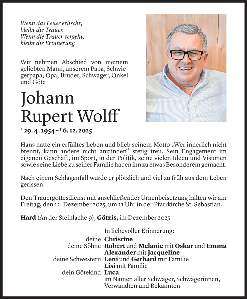  Todesanzeige für Johann Rupert Wolff vom 09.12.2025 aus vorarlberger nachrichten