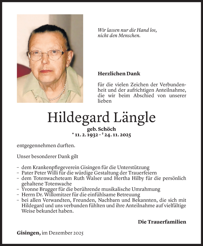  Todesanzeige für Hildegard Längle vom 27.12.2025 aus vorarlberger nachrichten