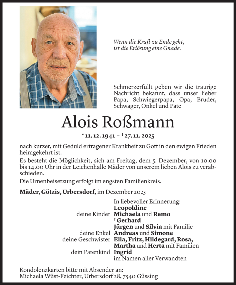  Todesanzeige für Alois Roßmann vom 30.11.2025 aus Vorarlberger Nachrichten