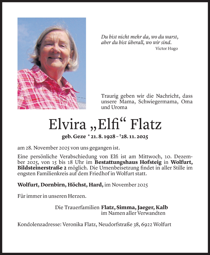  Todesanzeige für Elvira Flatz vom 03.12.2025 aus vorarlberger nachrichten