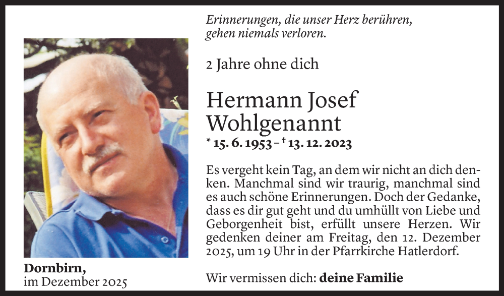  Todesanzeige für Hermann Wohlgenannt vom 10.12.2025 aus Vorarlberger Nachrichten