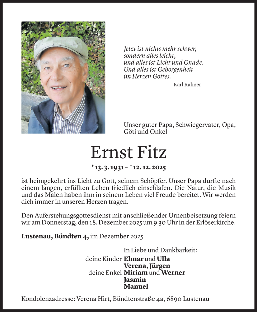  Todesanzeige für Ernst Fitz vom 15.12.2025 aus vorarlberger nachrichten