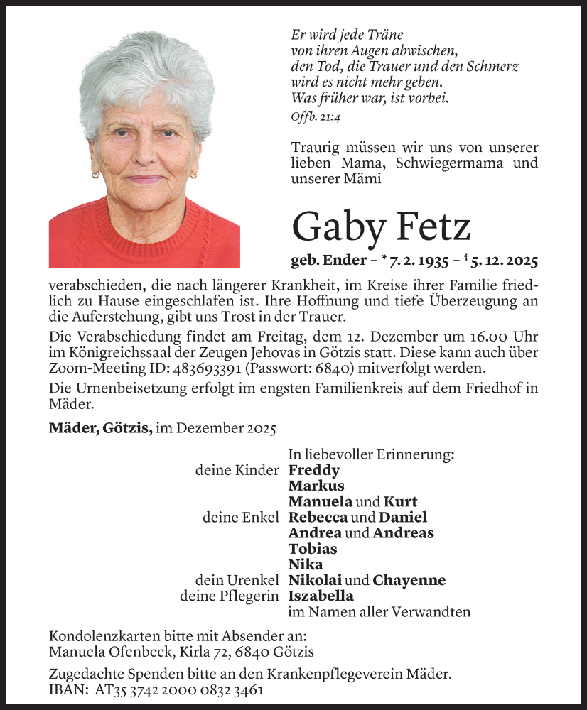 Todesanzeige für Gaby Fetz vom 09.12.2025 aus Vorarlberger Nachrichten