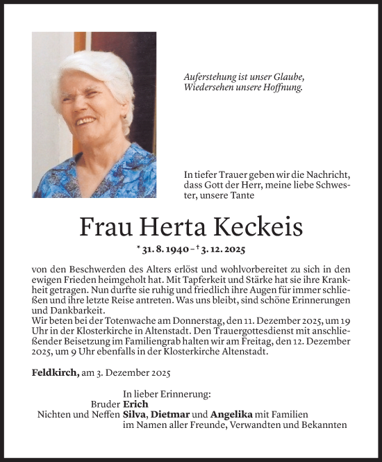 Todesanzeige von Herta Keckeis von vorarlberger nachrichten