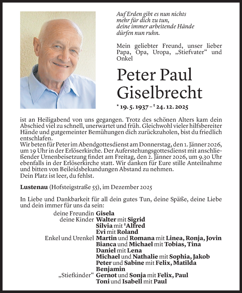  Todesanzeige für Peter Paul Giselbrecht vom 30.12.2025 aus Vorarlberger Nachrichten