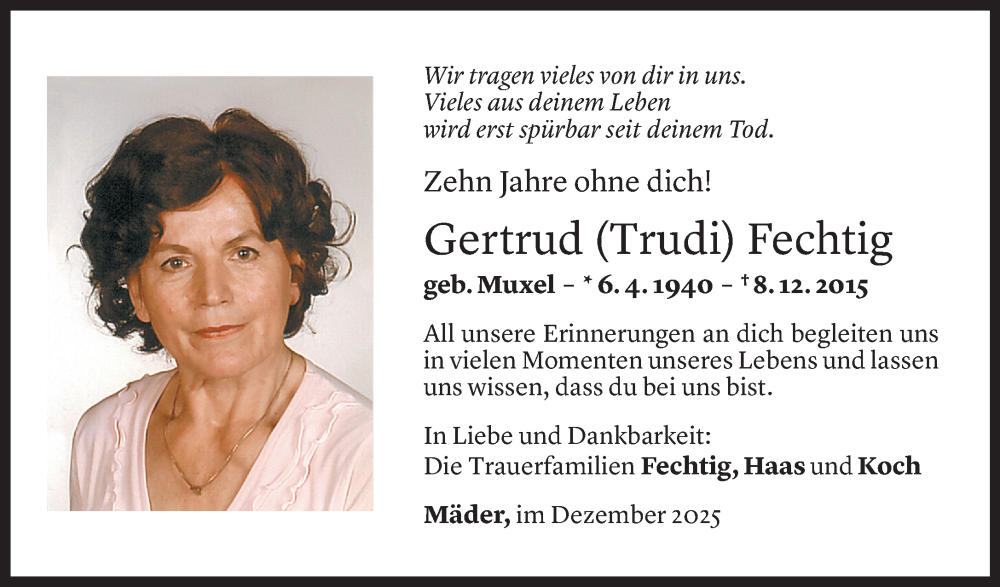  Todesanzeige für Gertrud Fechtig vom 05.12.2025 aus vorarlberger nachrichten