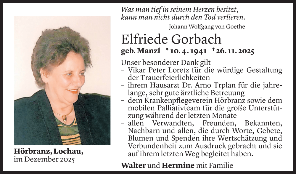  Todesanzeige für Elfriede Gorbach vom 20.12.2025 aus vorarlberger nachrichten