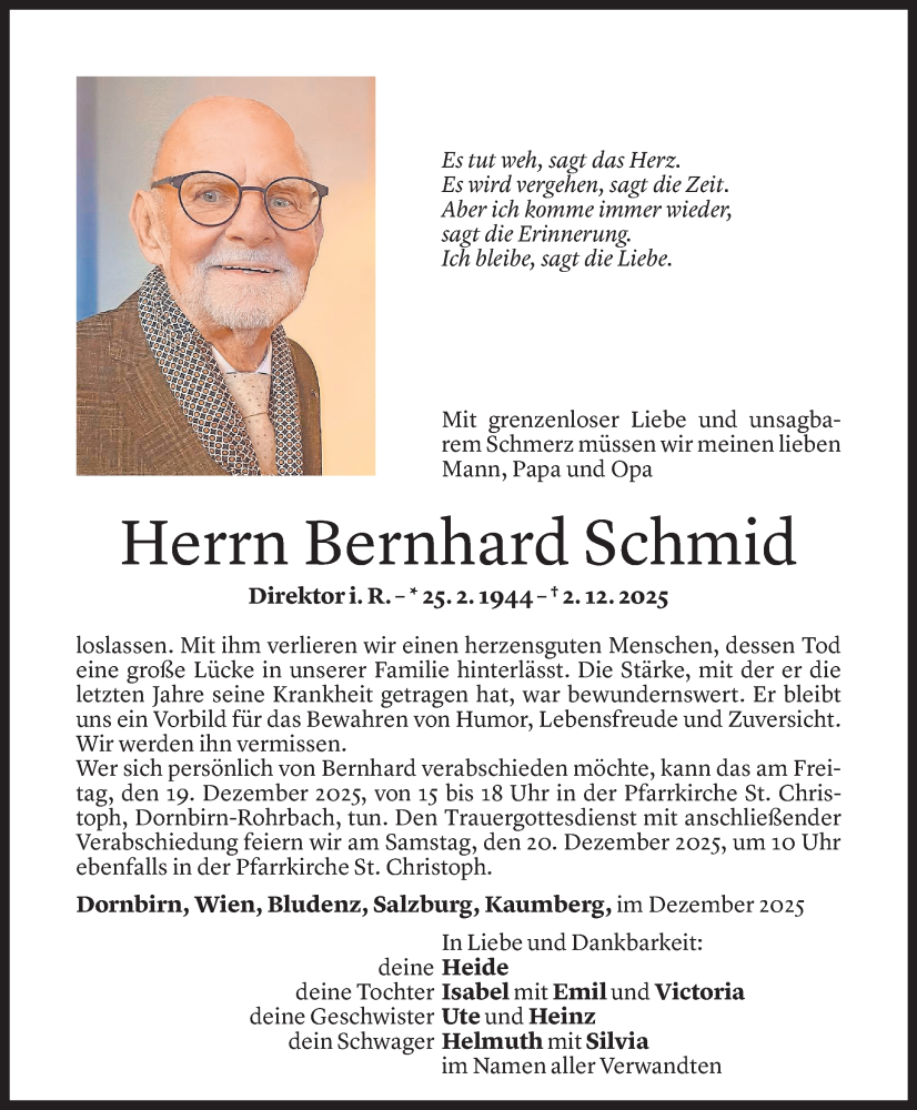  Todesanzeige für Bernhard Schmid vom 10.12.2025 aus vorarlberger nachrichten