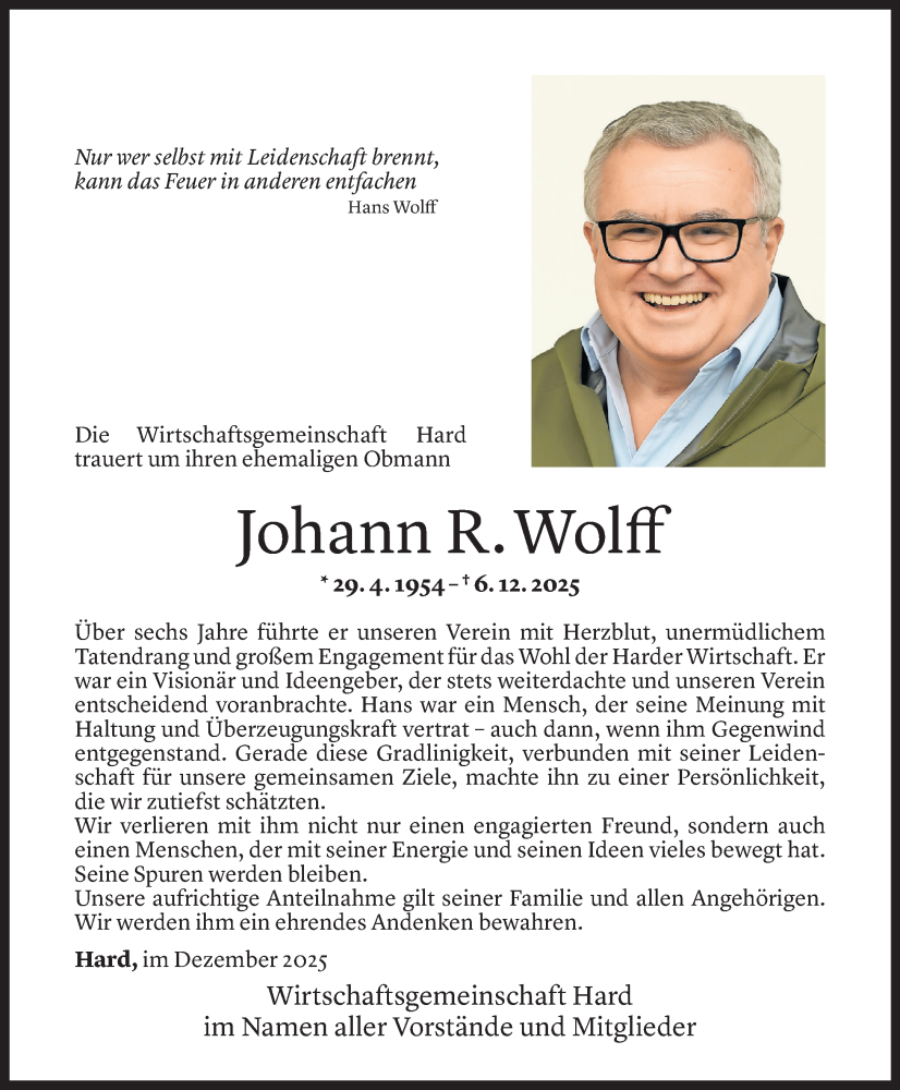  Todesanzeige für Johann Rupert Wolff vom 09.12.2025 aus vorarlberger nachrichten