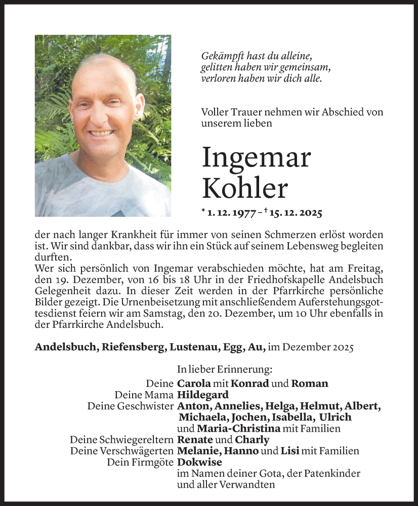  Todesanzeige für Ingemar Kohler vom 17.12.2025 aus Vorarlberger Nachrichten