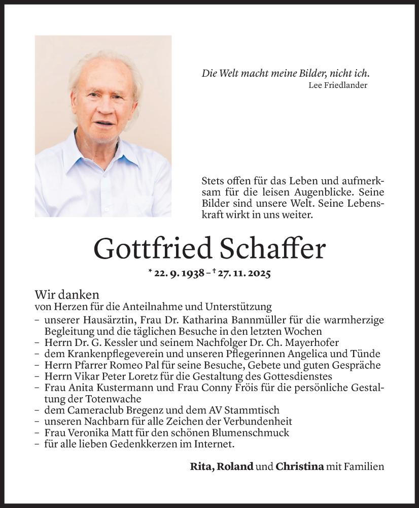  Todesanzeige für Gottfried Schaffer vom 01.01.2026 aus Vorarlberger Nachrichten