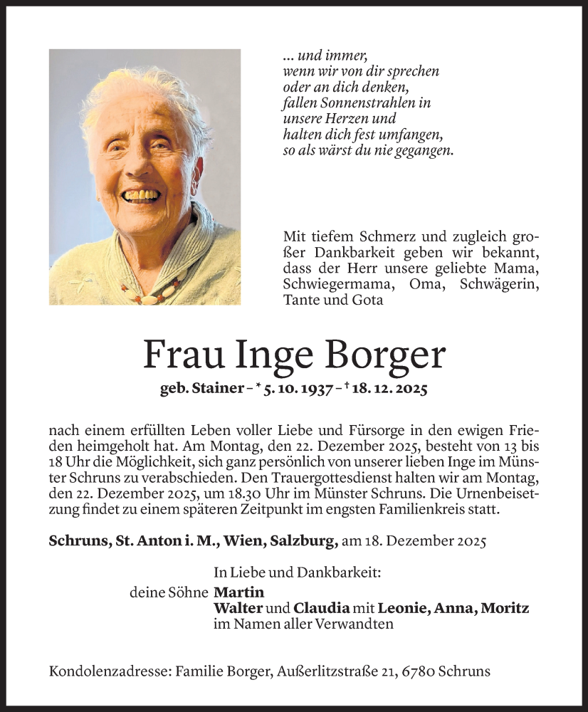  Todesanzeige für Inge Borger vom 20.12.2025 aus Vorarlberger Nachrichten