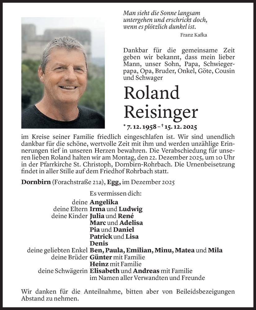  Todesanzeige für Roland Reisinger vom 18.12.2025 aus Vorarlberger Nachrichten