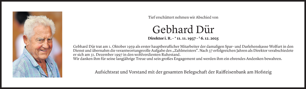  Todesanzeige für Gebhard Dür vom 09.12.2025 aus Vorarlberger Nachrichten
