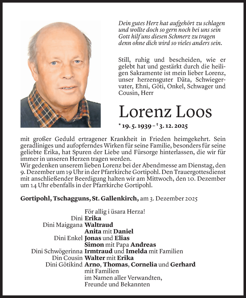  Todesanzeige für Lorenz Loos vom 05.12.2025 aus Vorarlberger Nachrichten