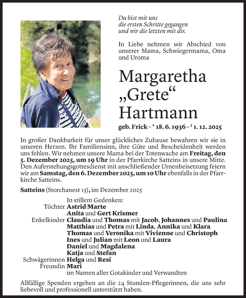  Todesanzeige für Margaretha Hartmann vom 02.12.2025 aus Vorarlberger Nachrichten
