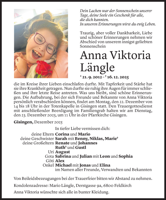 Todesanzeige von Anna Viktoria Längle von Vorarlberger Nachrichten