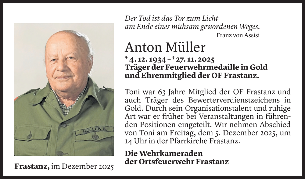  Todesanzeige für Anton Müller vom 02.12.2025 aus Vorarlberger Nachrichten