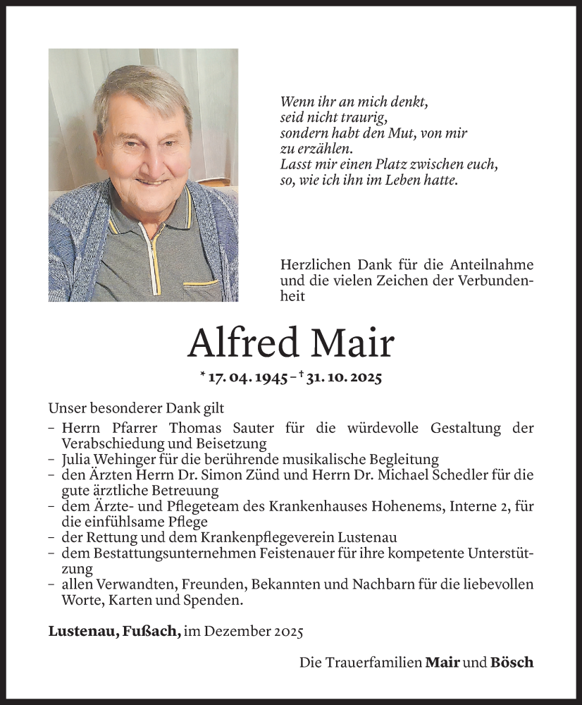  Todesanzeige für Alfred Mair vom 20.12.2025 aus Vorarlberger Nachrichten