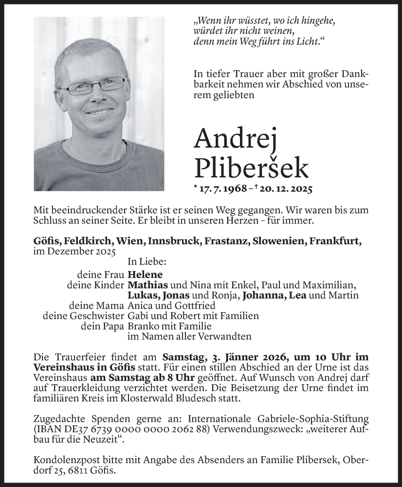  Todesanzeige für Andrej Plibersek vom 28.12.2025 aus Vorarlberger Nachrichten