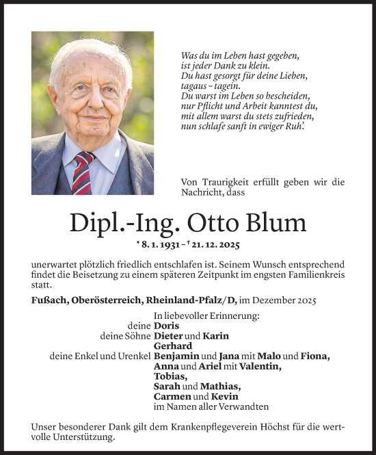 Todesanzeige von Otto Blum von Vorarlberger Nachrichten