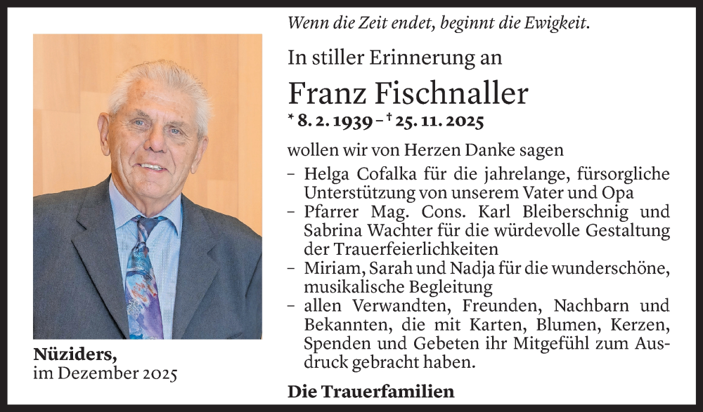  Todesanzeige für Franz Fischnaller vom 27.12.2025 aus vorarlberger nachrichten