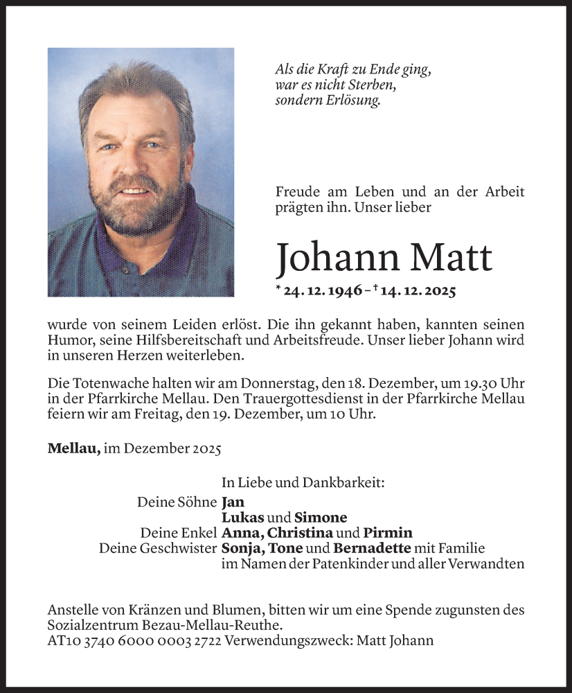 Todesanzeige für Johann Matt vom 16.12.2025 aus Vorarlberger Nachrichten