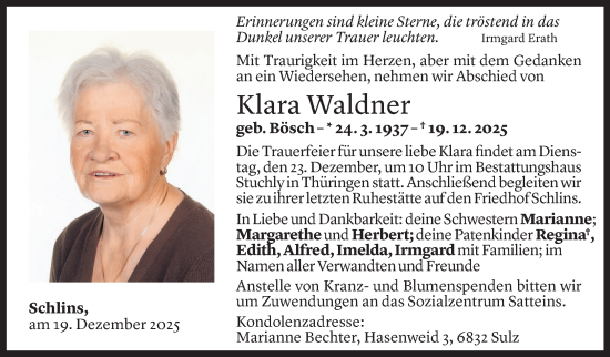 Todesanzeige von Klara Waldner von Vorarlberger Nachrichten