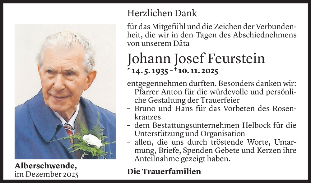  Todesanzeige für Johann Josef Feurstein vom 05.12.2025 aus Vorarlberger Nachrichten