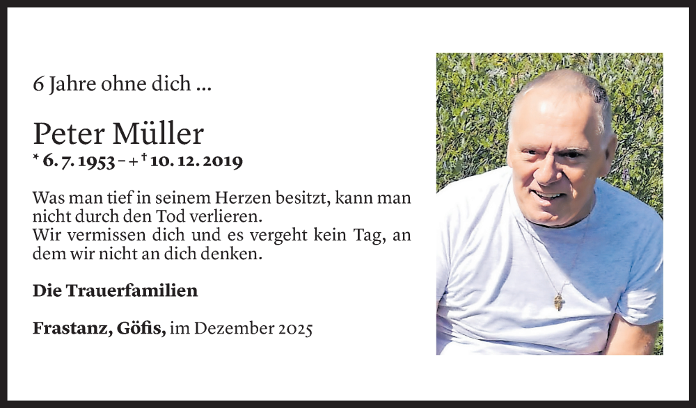  Todesanzeige für Peter Müller vom 10.12.2025 aus Vorarlberger Nachrichten