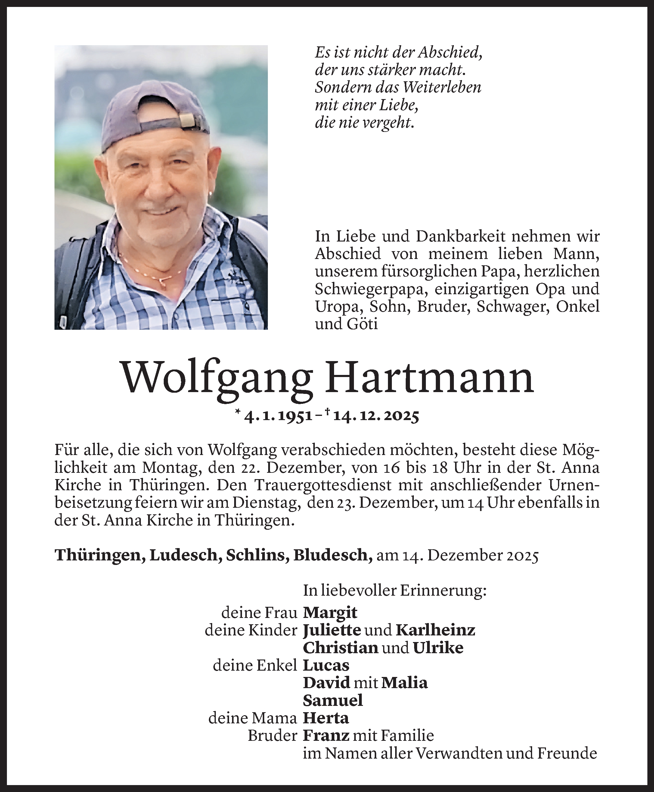 Todesanzeige für Wolfgang Hartmann vom 17.12.2025 aus Vorarlberger Nachrichten