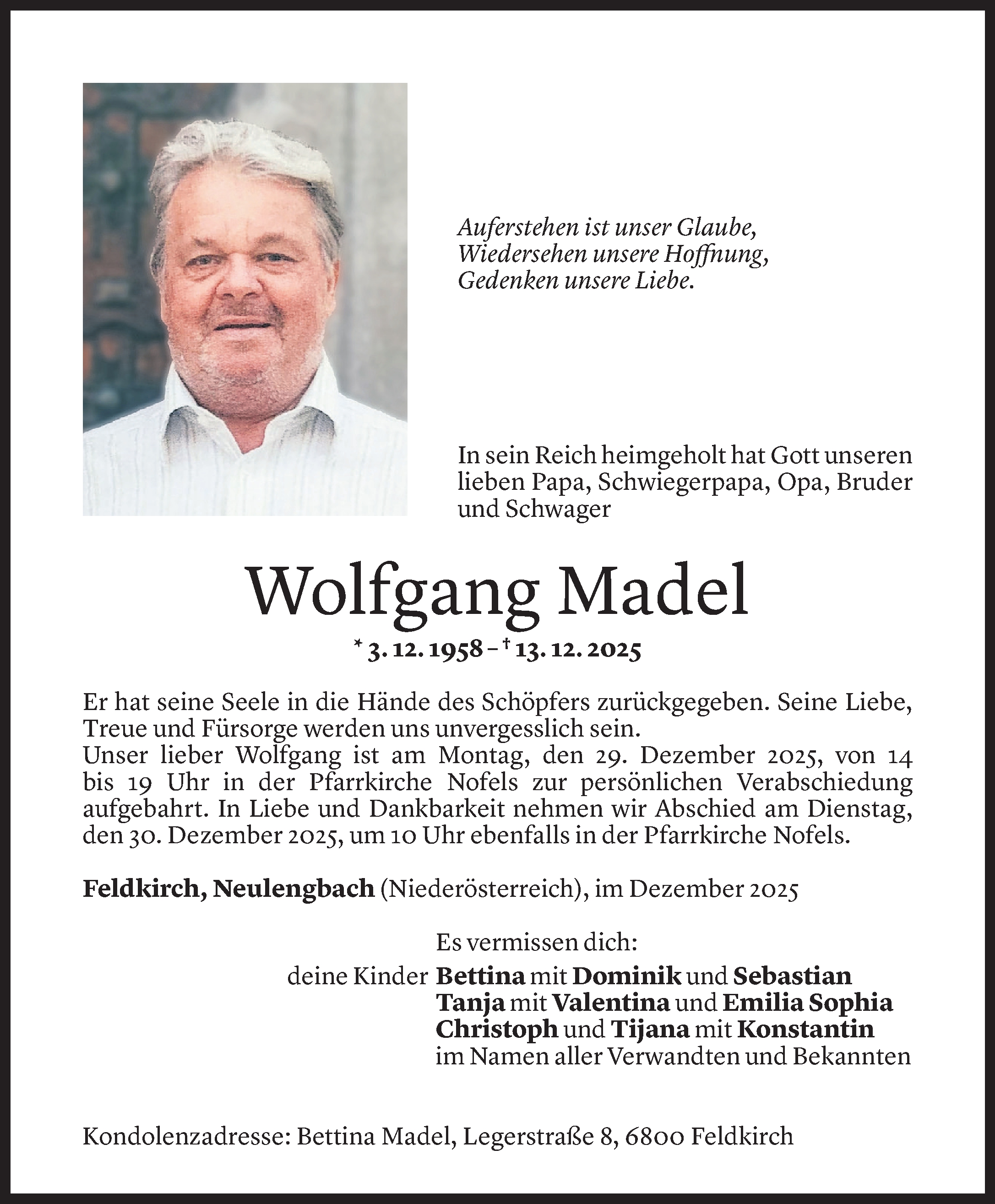 Todesanzeige von Wolfgang Madel von vorarlberger nachrichten