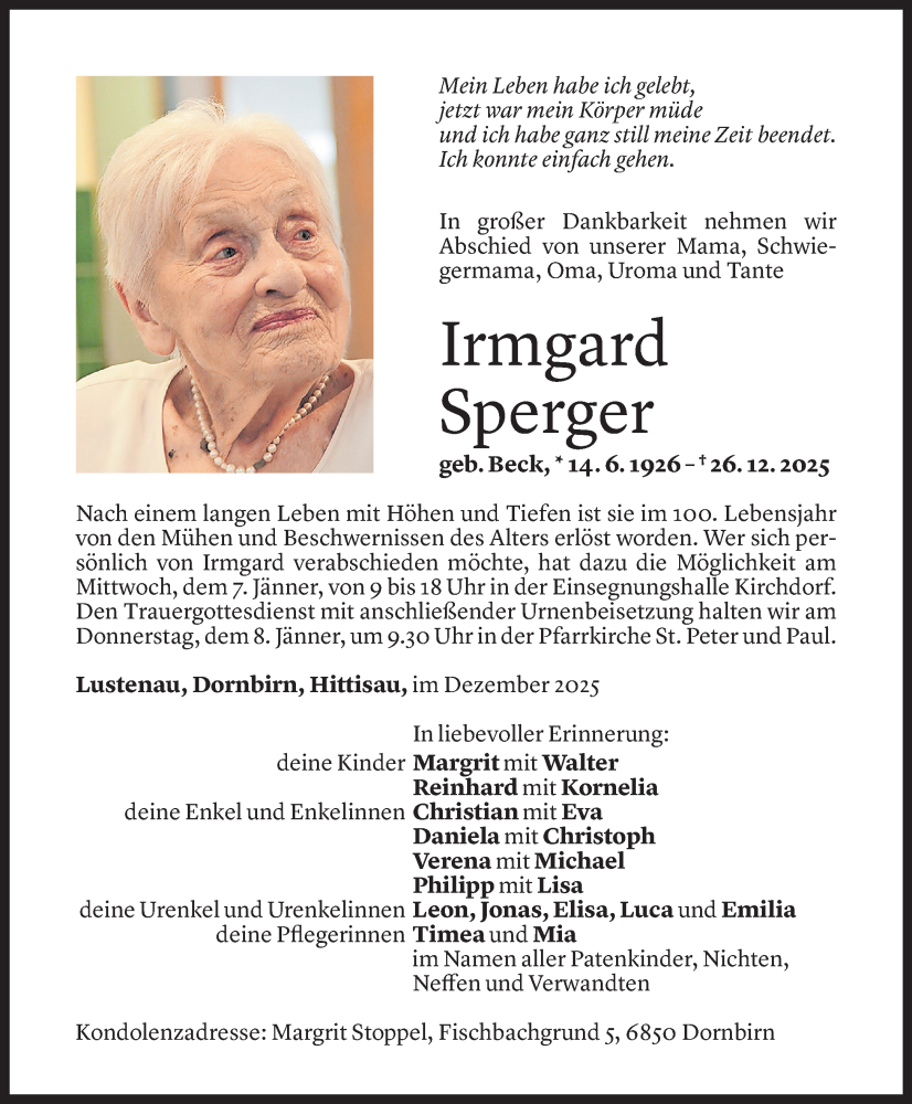  Todesanzeige für Irmgard Sperger vom 01.01.2026 aus Vorarlberger Nachrichten