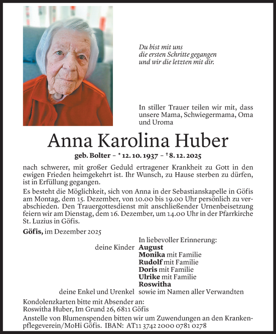 Todesanzeige von Anna Karolina Huber von Vorarlberger Nachrichten