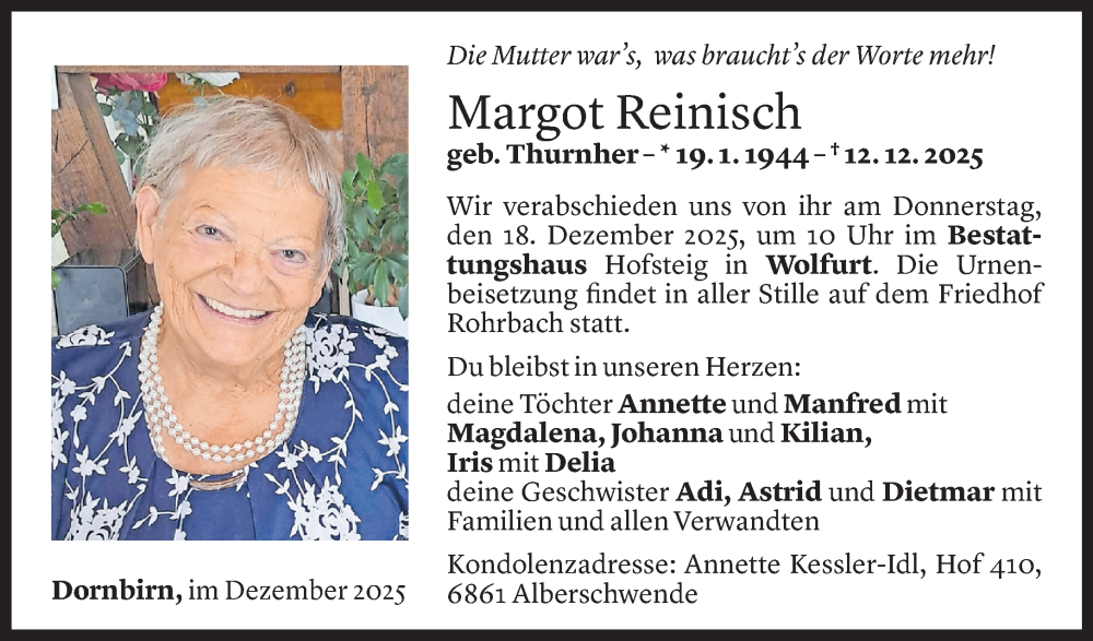  Todesanzeige für Margot Reinisch vom 14.12.2025 aus Vorarlberger nachrichten