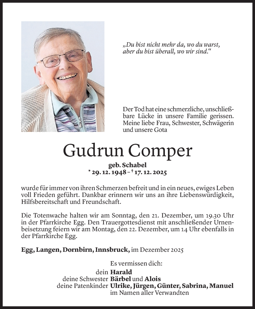  Todesanzeige für Gudrun Comper vom 18.12.2025 aus Vorarlberger Nachrichten