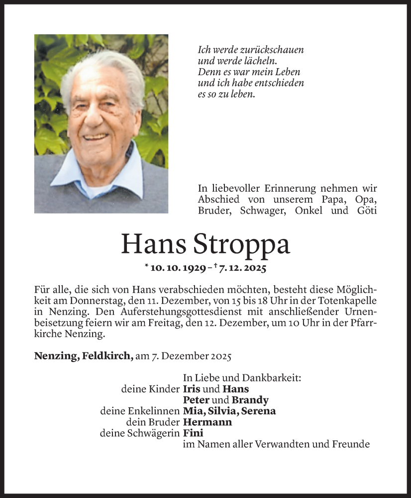  Todesanzeige für Hans Stroppa vom 09.12.2025 aus Vorarlberger Nachrichten