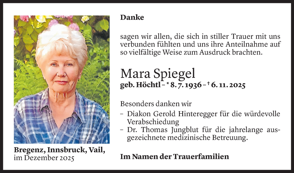  Todesanzeige für Mara Spiegel vom 17.12.2025 aus Vorarlberger Nachrichten