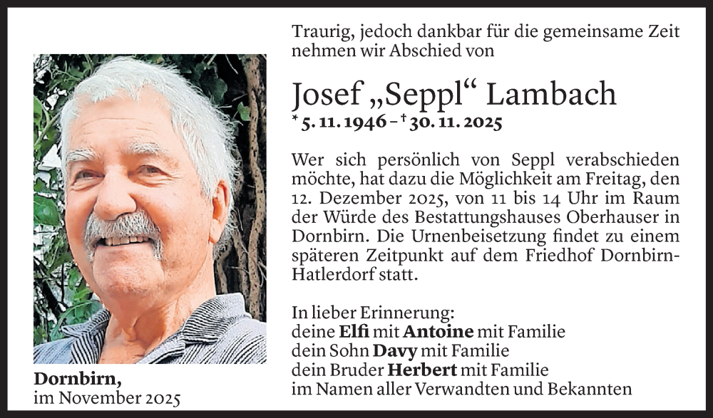  Todesanzeige für Josef Lambach vom 09.12.2025 aus Vorarlberger Nachrichten