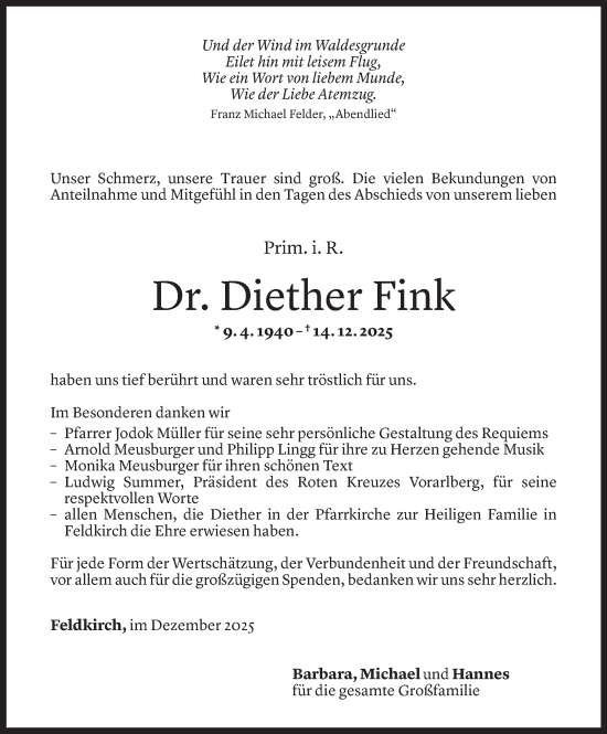 Todesanzeige von Diether Fink von Vorarlberger Nachrichten