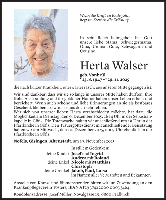 Todesanzeige von Herta Walser von vorarlberger nachrichten