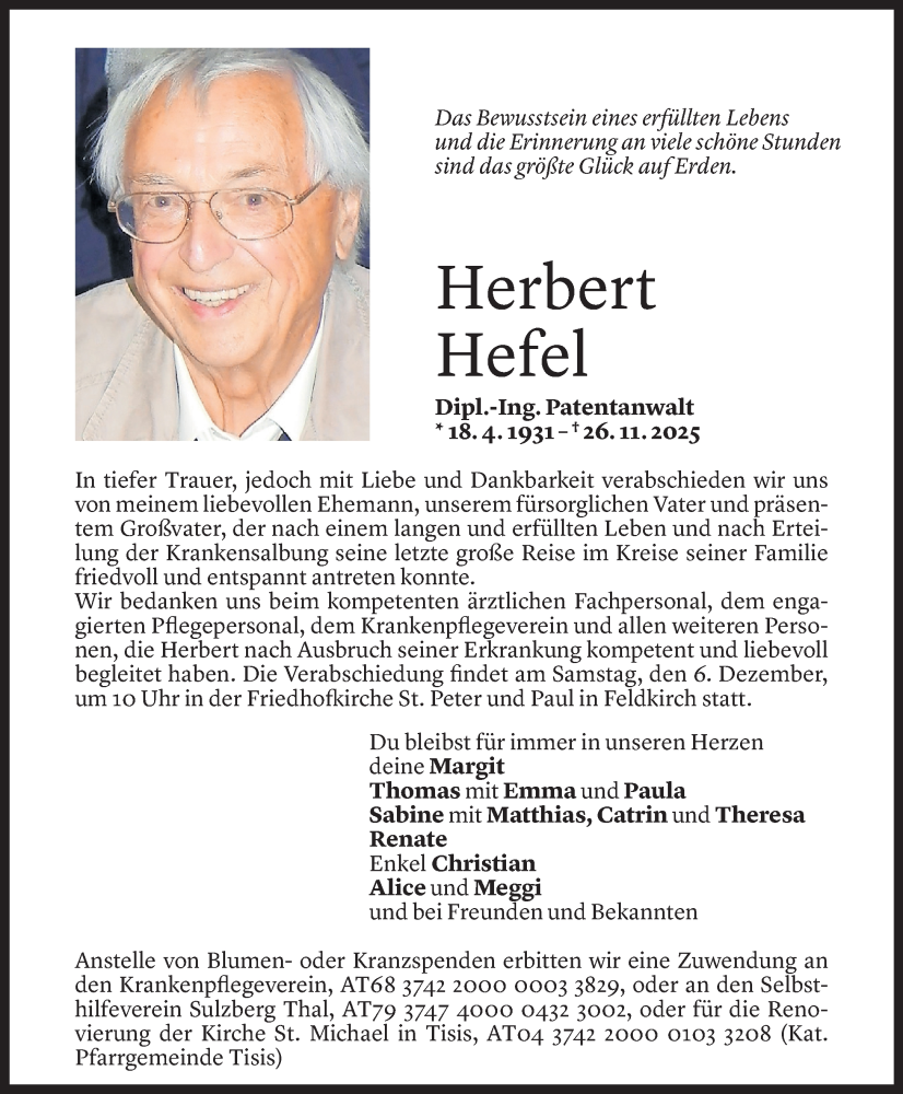  Todesanzeige für Herbert Hefel vom 02.12.2025 aus Vorarlberger Nachrichten