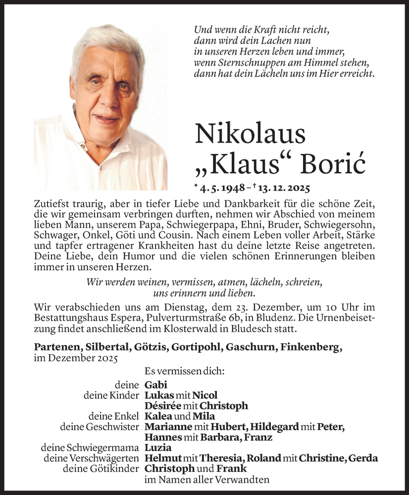  Todesanzeige für Nikolaus Boric vom 20.12.2025 aus vorarlberger nachrichten