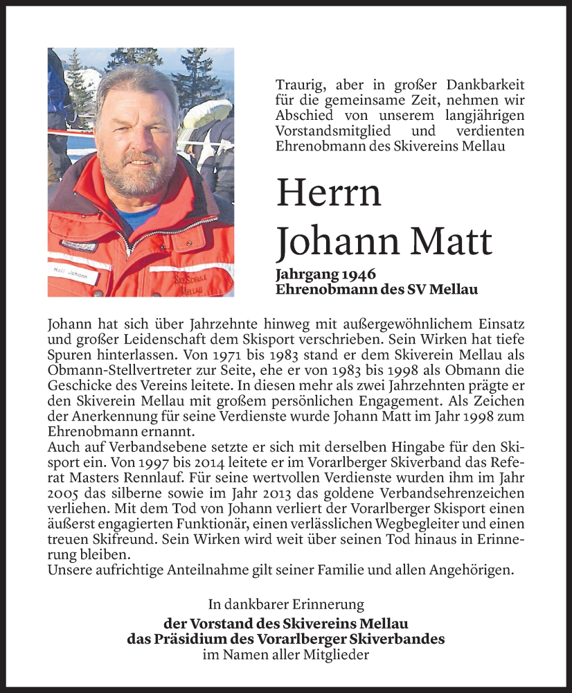  Todesanzeige für Johann Matt vom 16.12.2025 aus Vorarlberger Nachrichten