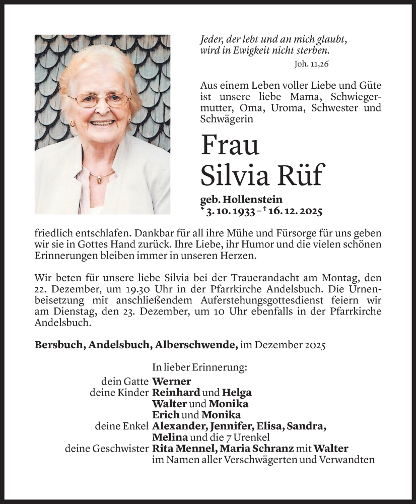  Todesanzeige für Silvia Rüf vom 19.12.2025 aus Vorarlberger Nachrichten