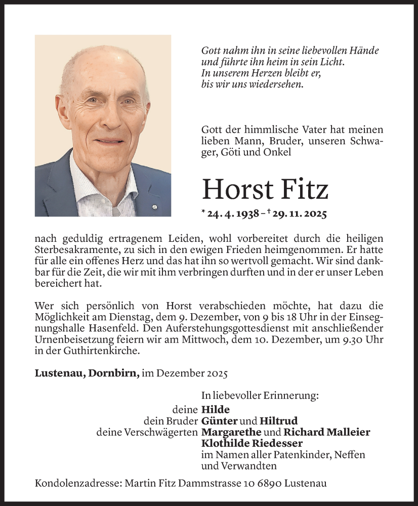  Todesanzeige für Horst Fitz vom 04.11.2025 aus Vorarlberger Nachrichten