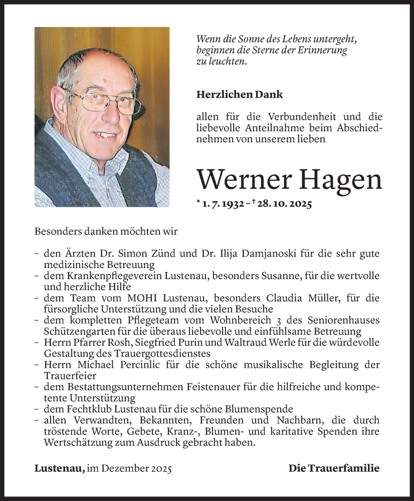  Todesanzeige für Werner Hagen vom 05.12.2025 aus vorarlberger nachrichten